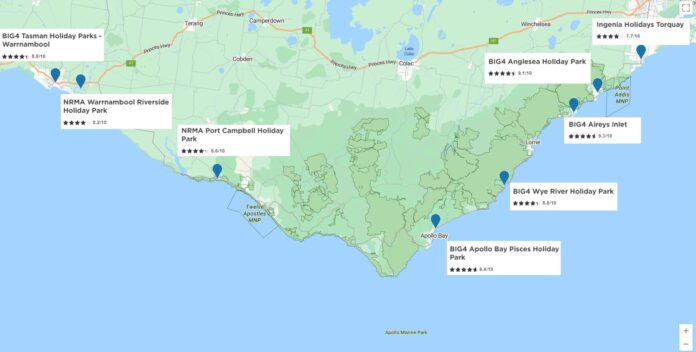 Map of BIG4 parks on Great Ocean Road