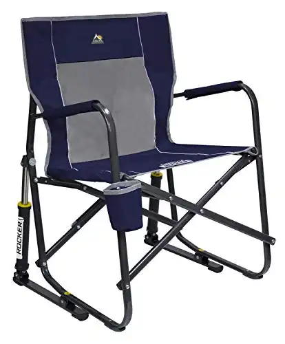 GCI Outdoor Freestyle Rocker Camping Chair | Portable Folding Rocking Chair with Solid, Durable Armrests, Drink Holder & Comfortable Backrest Indigo Blue