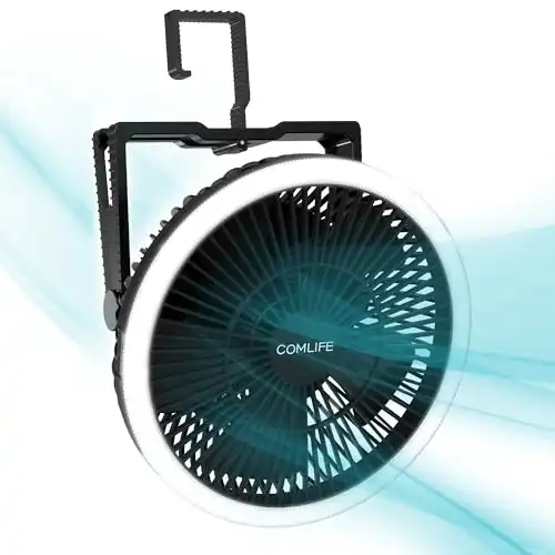 Camping Fan with LED Lantern, 8-Inch Portable Camping Fan, 10000mAh Rechargeable Battery Operated Tent Fan, 3 Speeds Table Fan with Light & Hook for Camping RV Travel Jobsite Hurricane Power Outag...