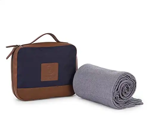 Threadmill Travel Blanket Cotton Viscose from Bamboo for Airplane, Premium Soft Throw Blanket with Blue Leather Bag (Grey Color) Compact & Portable Large Blanket for Travel, Car, Picnic & Camp...
